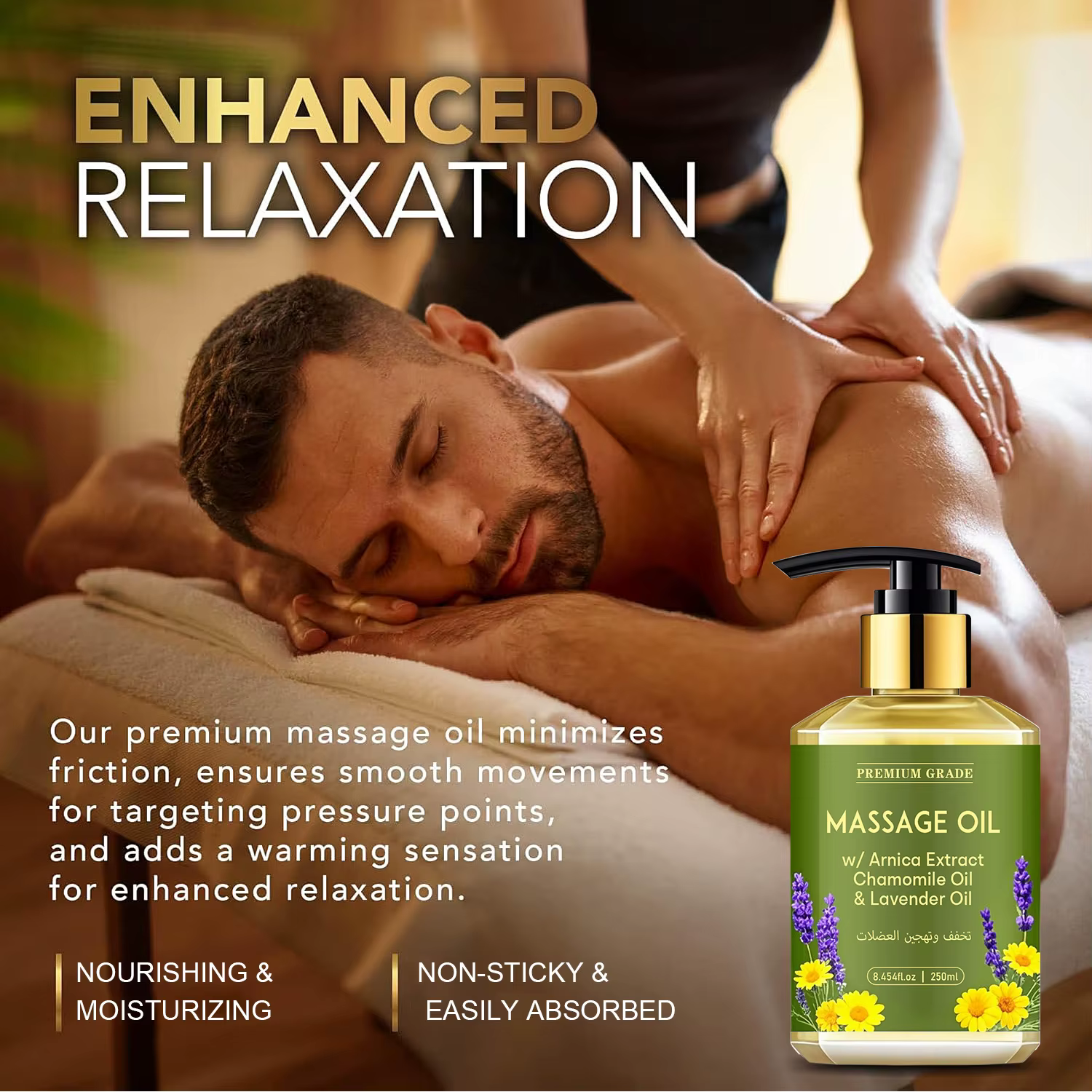 Huile de massage à l'huile essentielle de camomille et de lavande, nourrit la peau, détend l'esprit et soulage les tensions musculaires, 250 ml