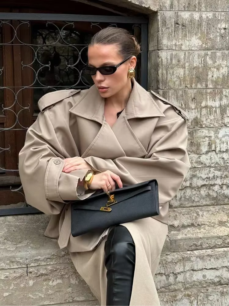 Dame couleur unie à lacets veste élégant Chic à manches longues revers bouton manteau ample automne Style de rue nouvelle veste d'extérieur 2025