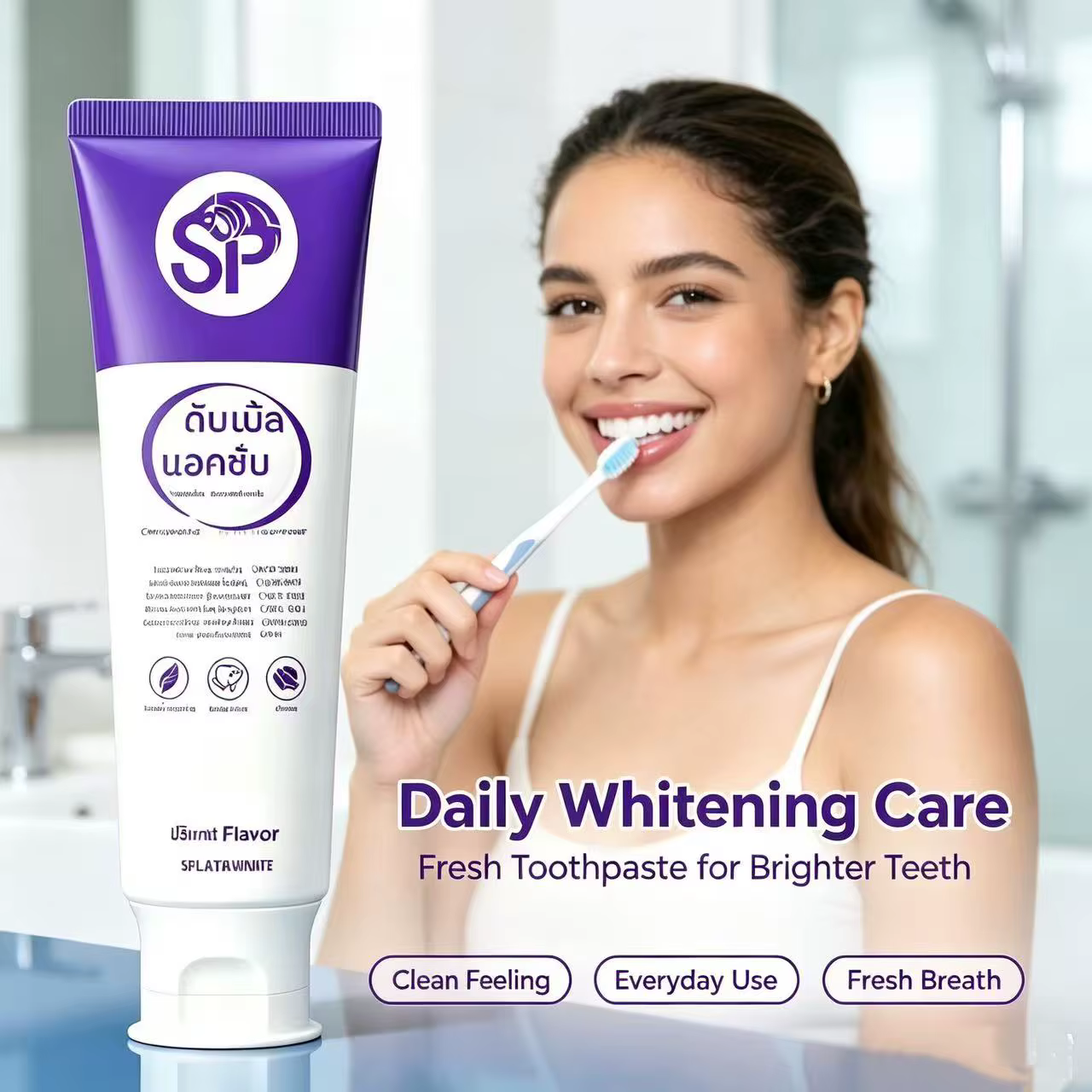 Dentifrice blanchissant thaïlandais – utilise la technologie optique violette pour éliminer les taches jaunes sur les dents, offrant une fraîcheur 24h/24.