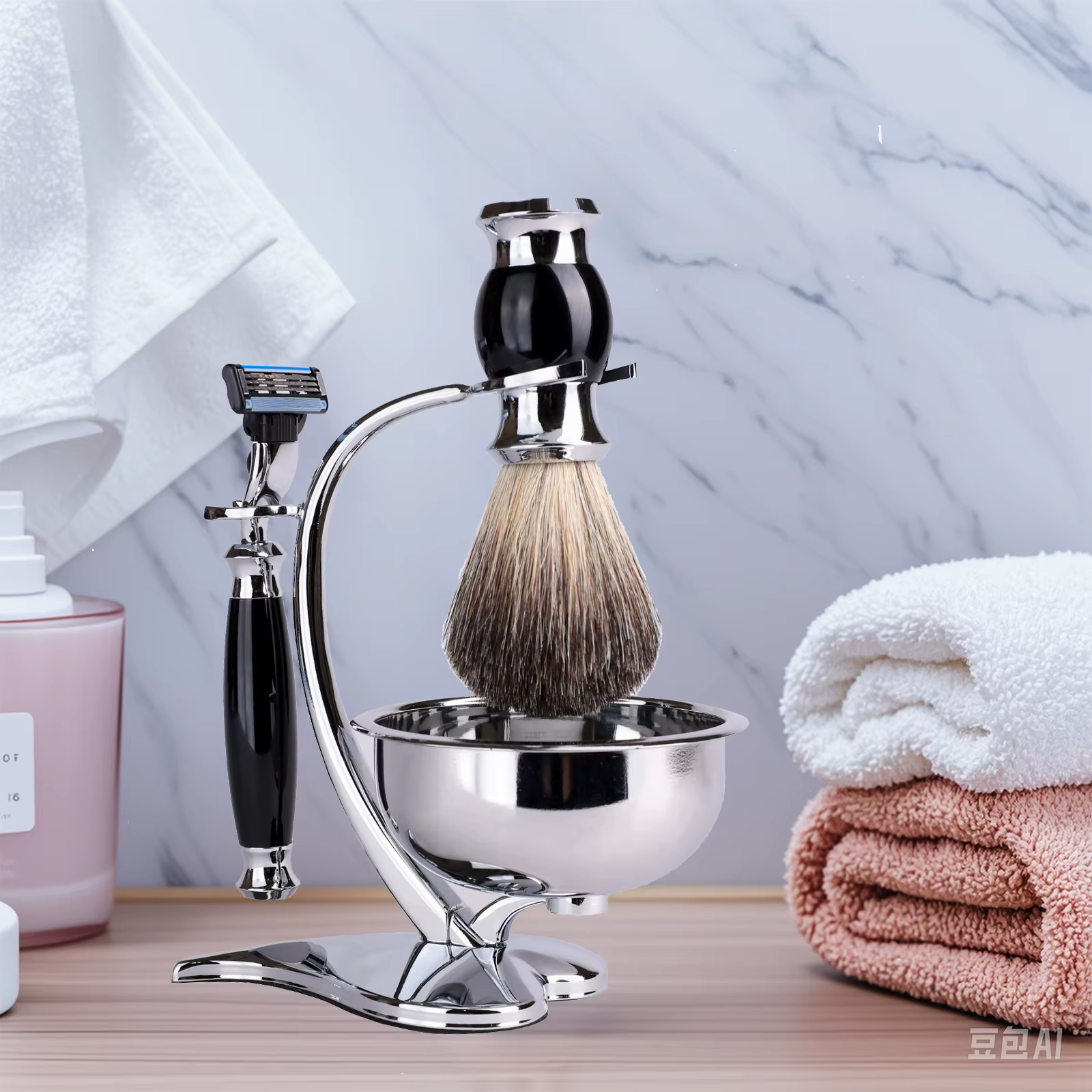 IRAZOR Kit de rasage humide pour homme avec rasoir manuel Brosse à cheveux de blaireau Bol à savon et support - Cadeau