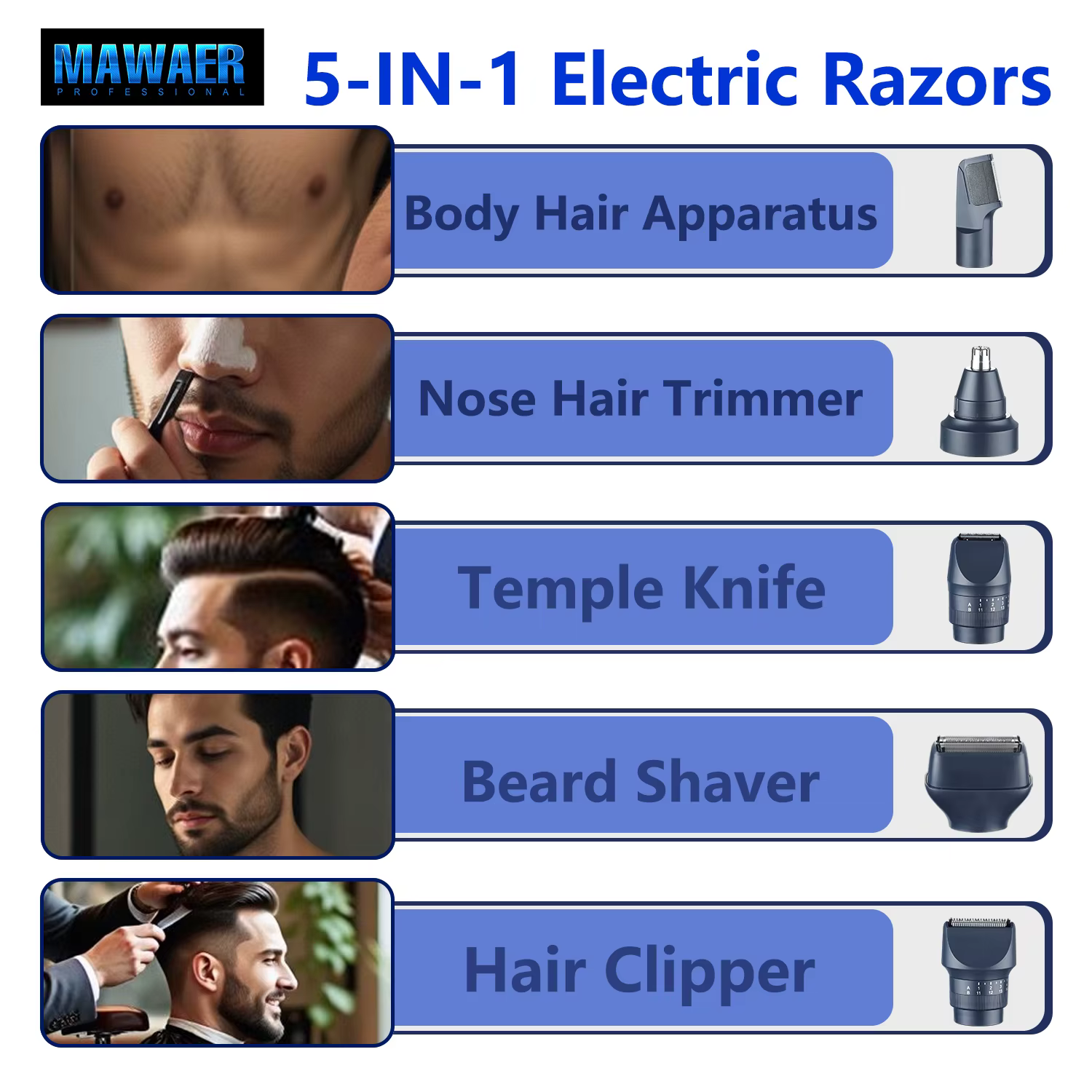 Tondeuse à barbe professionnelle pour hommes, rasoir électrique à grille et tondeuse à cheveux, kit de toilettage 5-en-1 pour hommes, rasoir corporel étanche