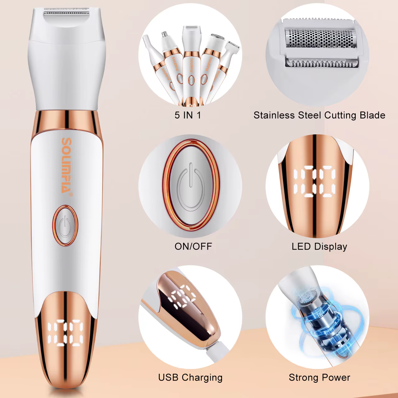 Solimpia 5 en 1 dispositif d'épilation électrique Rechargeable corps nez tondeuse sourcils Kit de toilettage pour femme