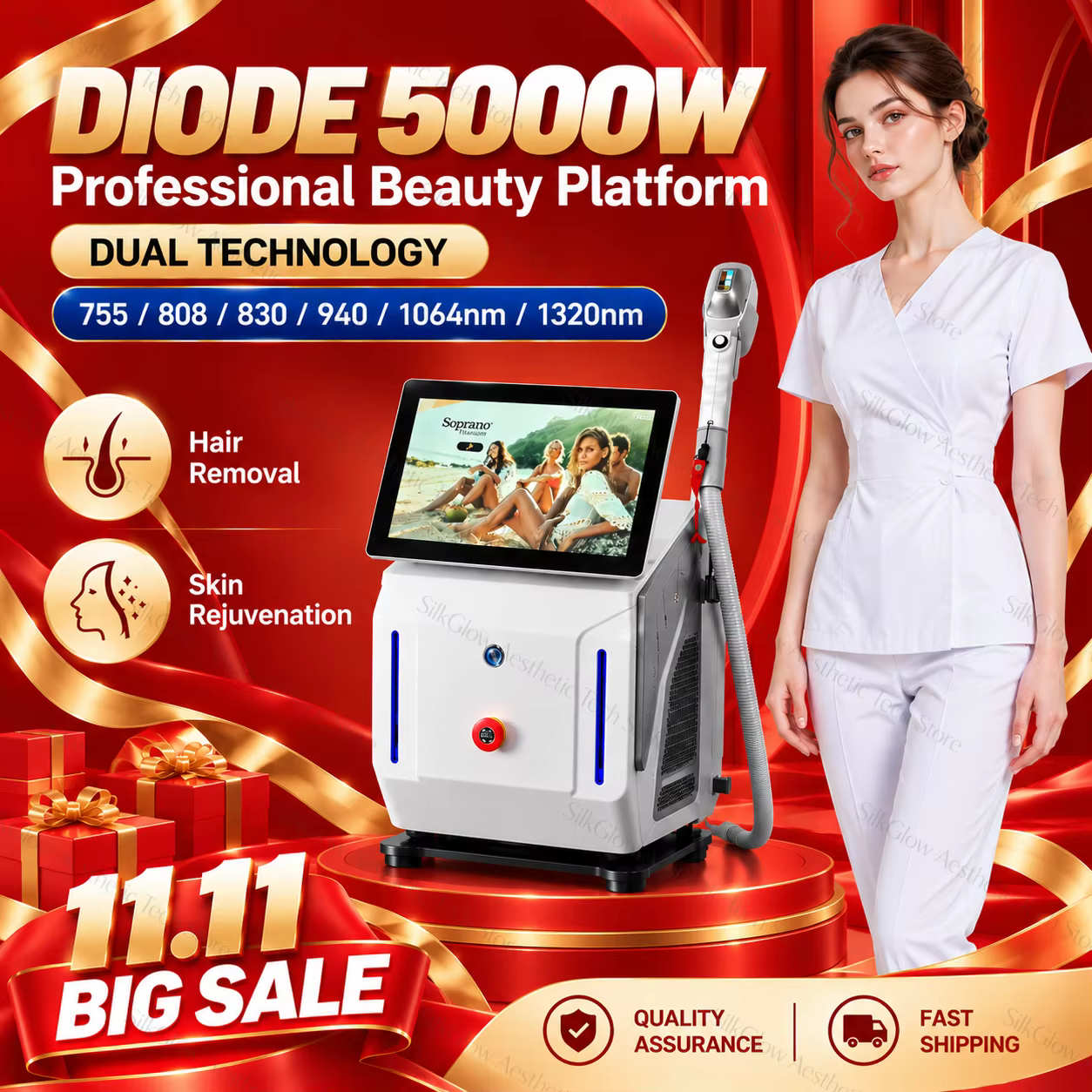 Soprano 2026 Épilation Laser Avancée 808nm Machine Laser à Diode Système de Refroidissement Platinum Black Ice 4 Longueurs d'Onde Salon à Domicile