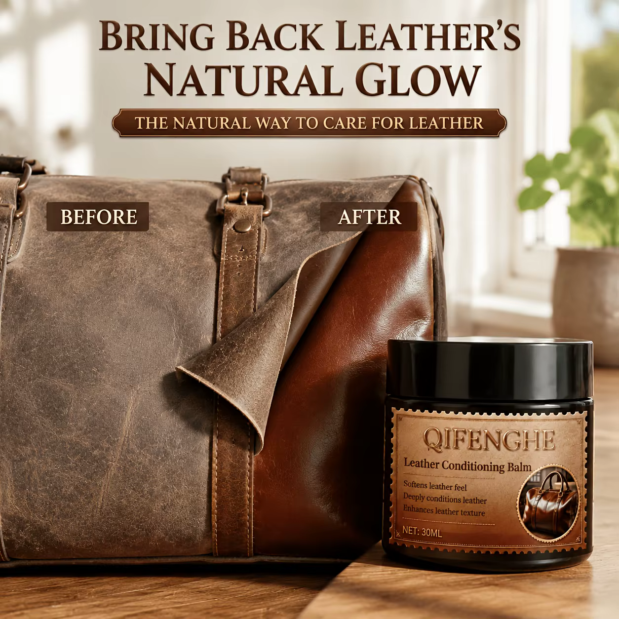Baume conditionneur pour cuir naturel 1oz, adapté au soin du cuir, au restauration et à la protection - Formule non grasse pour chaussures, voitures, meubles