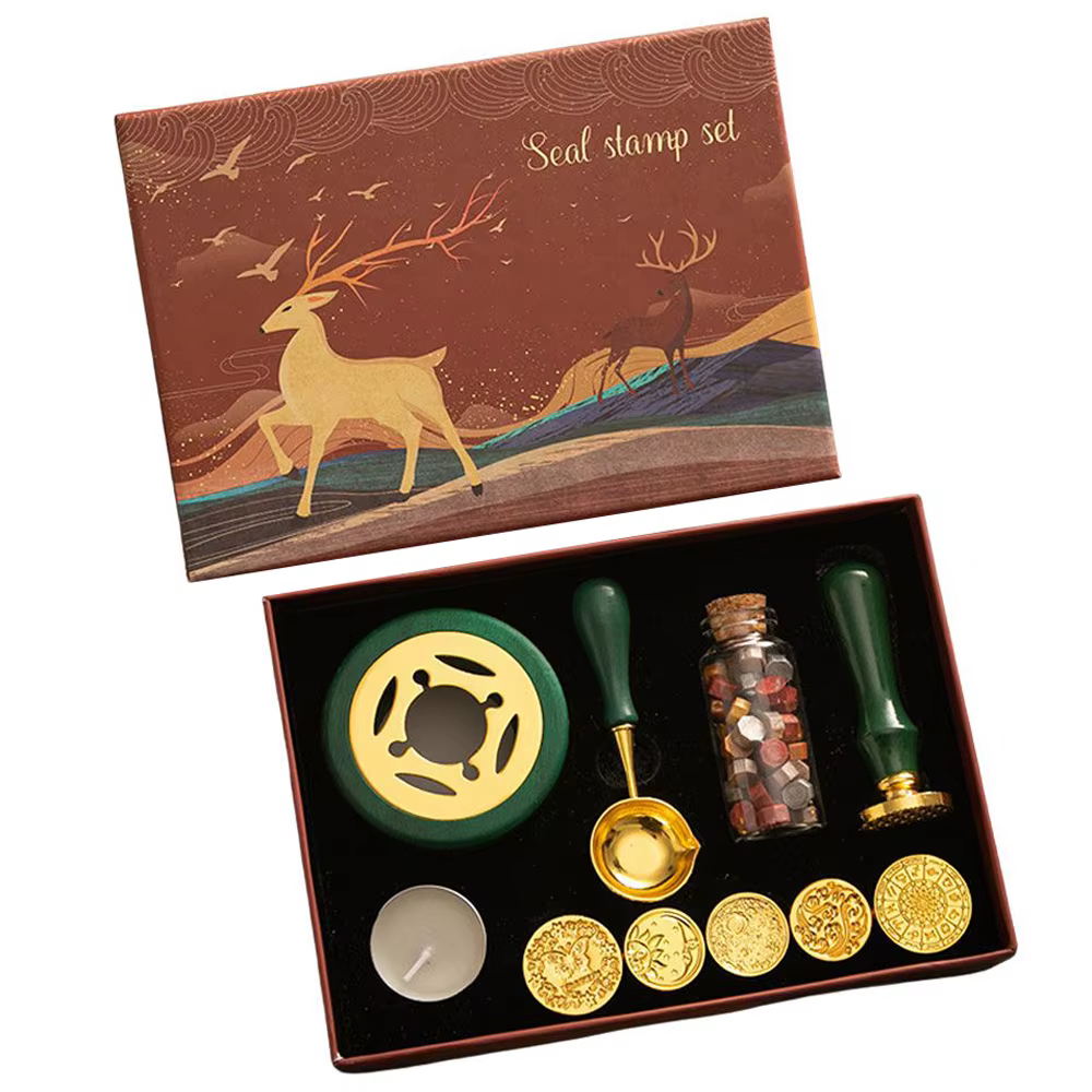 Kit de sceau de cire avec 6 tampons à cire, une bouteille de perles de cire, une cuillère, une bougie et un chauffe-cire pour enveloppes, lettres et cartes