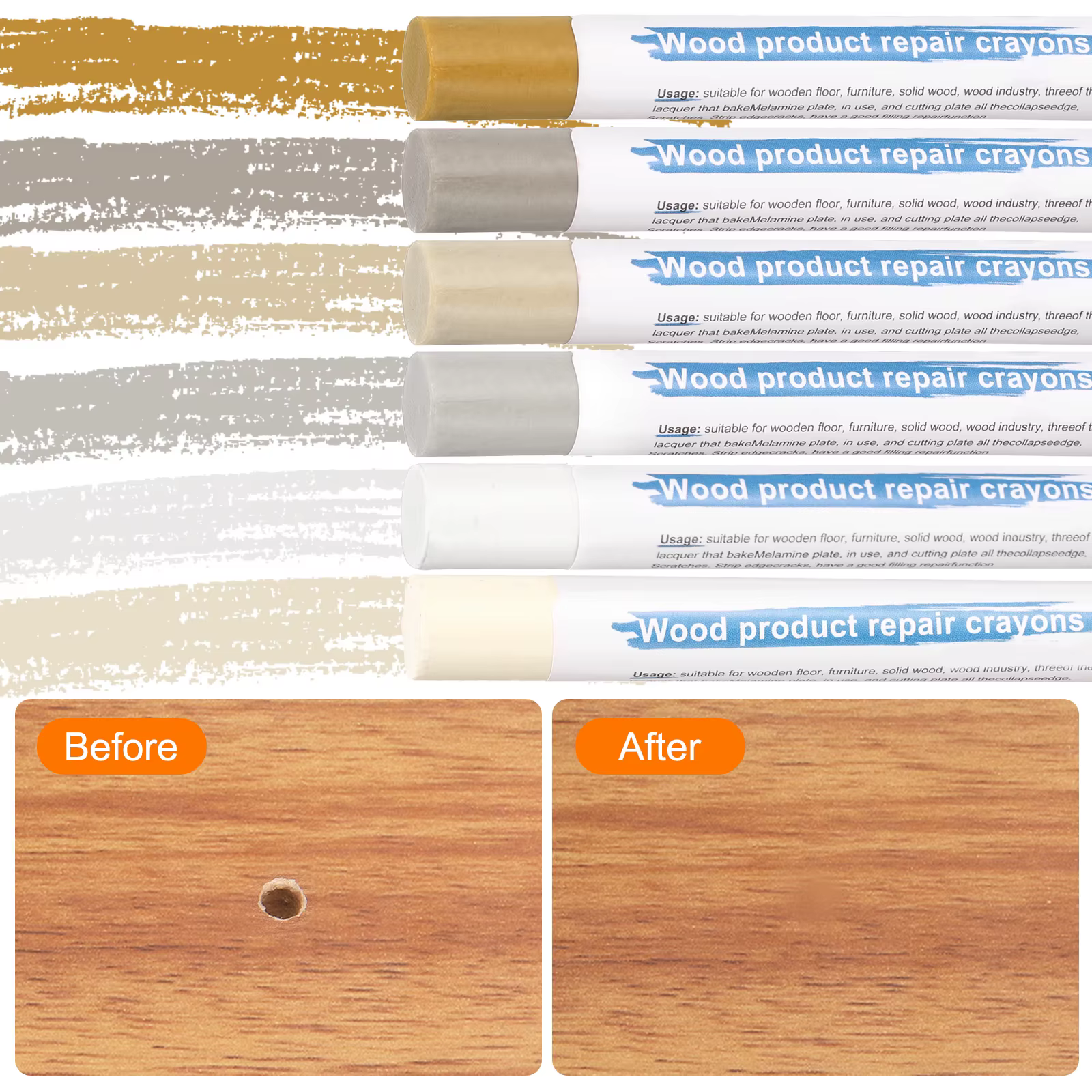 Bâtons de remplissage pour bois, 6 couleurs, crayons de retouche en cire pour meubles, pour rayures, éraflures, fissures, et couvrir les trous de clous sur le sol