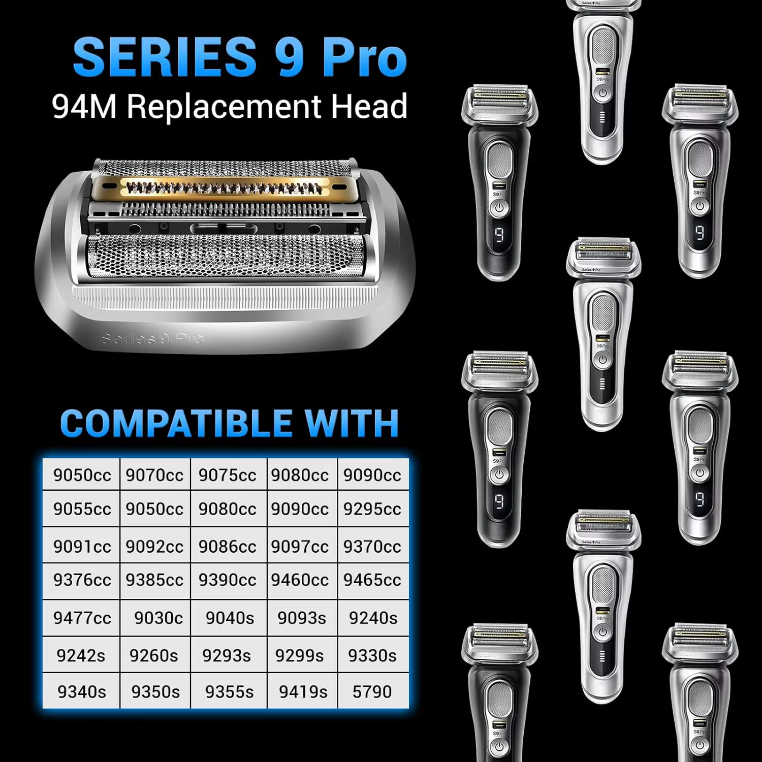 Tête de rasage de rechange Electric Series 9 Pro 94M pour rasoir électrique Braun 94M 9030S 9040S 9050CC 9070CC 9040s9 (1 paquet)