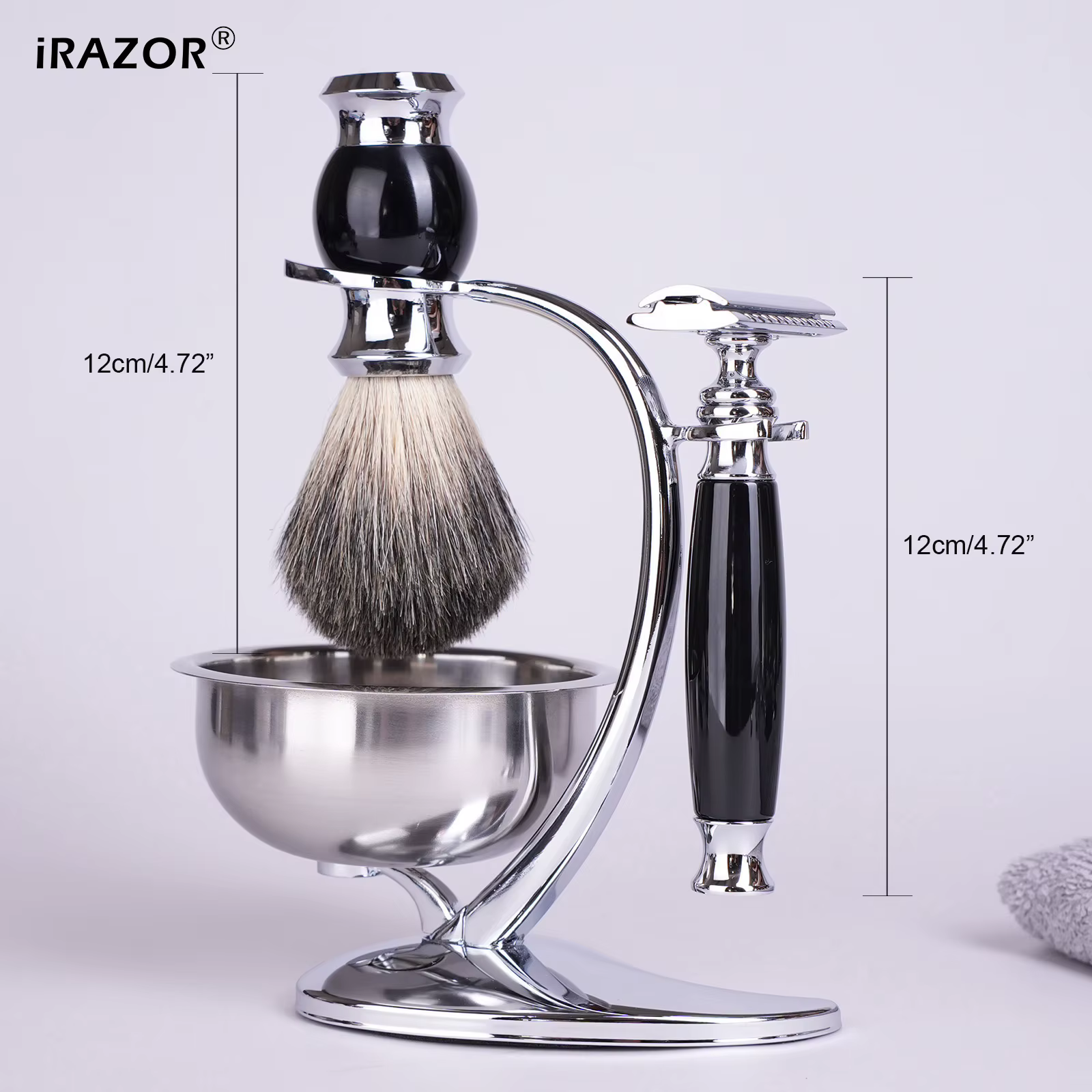 IRAZOR Kit de rasage humide pour homme avec rasoir manuel Brosse à cheveux de blaireau Bol à savon et support - Cadeau