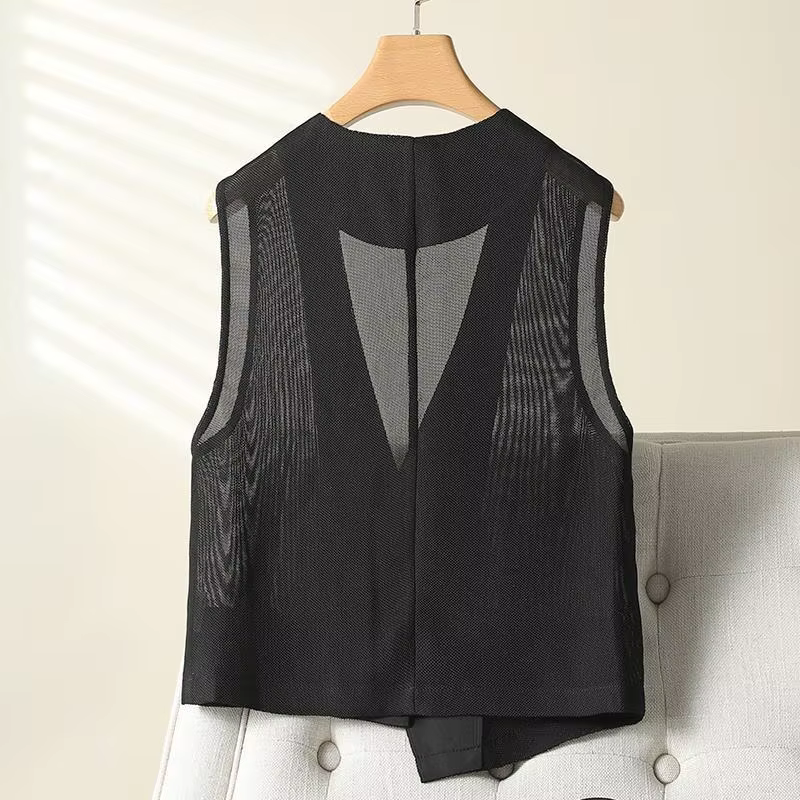 2026 Vêtements Femme Été Débardeur Court en Gaze Transparente Col en V Sans Manches Tendance Chalecos Para Mujer
