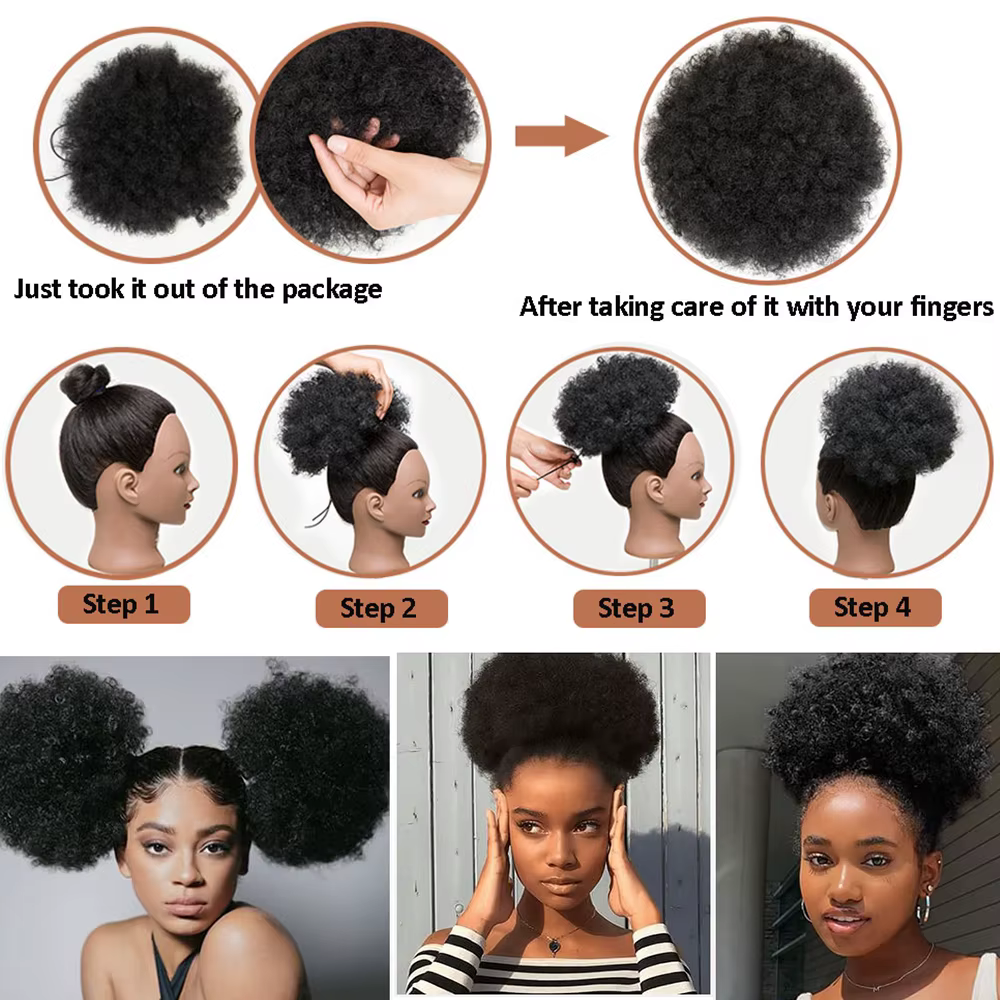 Queue de cheval synthétique Afro bouffante avec cordon de serrage pour femmes noires, queue de cheval courte crépue bouclée, bouffante de cheveux, chignon Afro