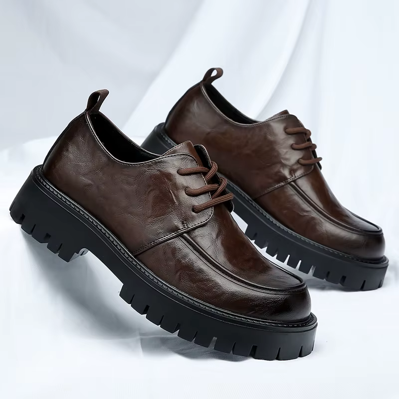 Chaussures de travail en cuir véritable pour hommes, chaussures de travail à fond épais, classiques à lacets, confortables, antidérapantes, à grande tête, Style britannique