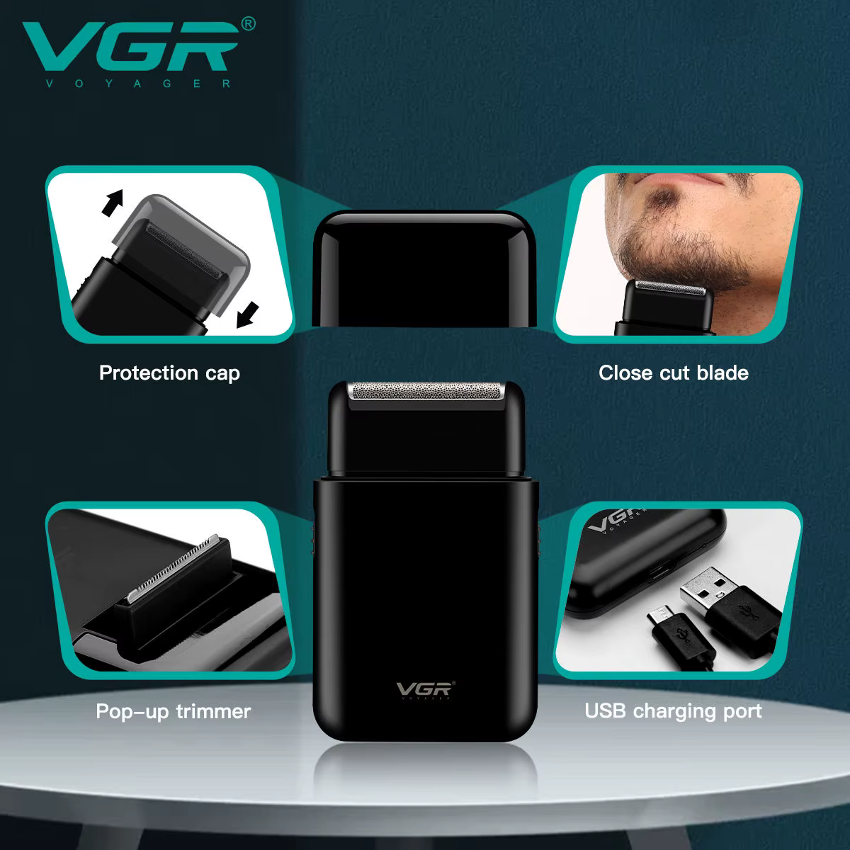 VGR V-390 mini tondeuse à barbe sans fil à lame unique rasoir rechargeable feuille électrique visage corps
