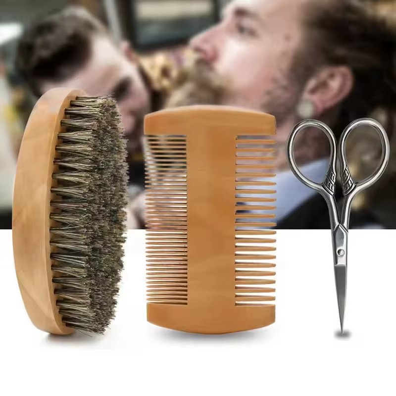 Ensemble professionnel de brosse et peigne à barbe en bois pour hommes, outil de soin de la moustache, poils de sanglier naturels pour peigner les barbes, cadeau