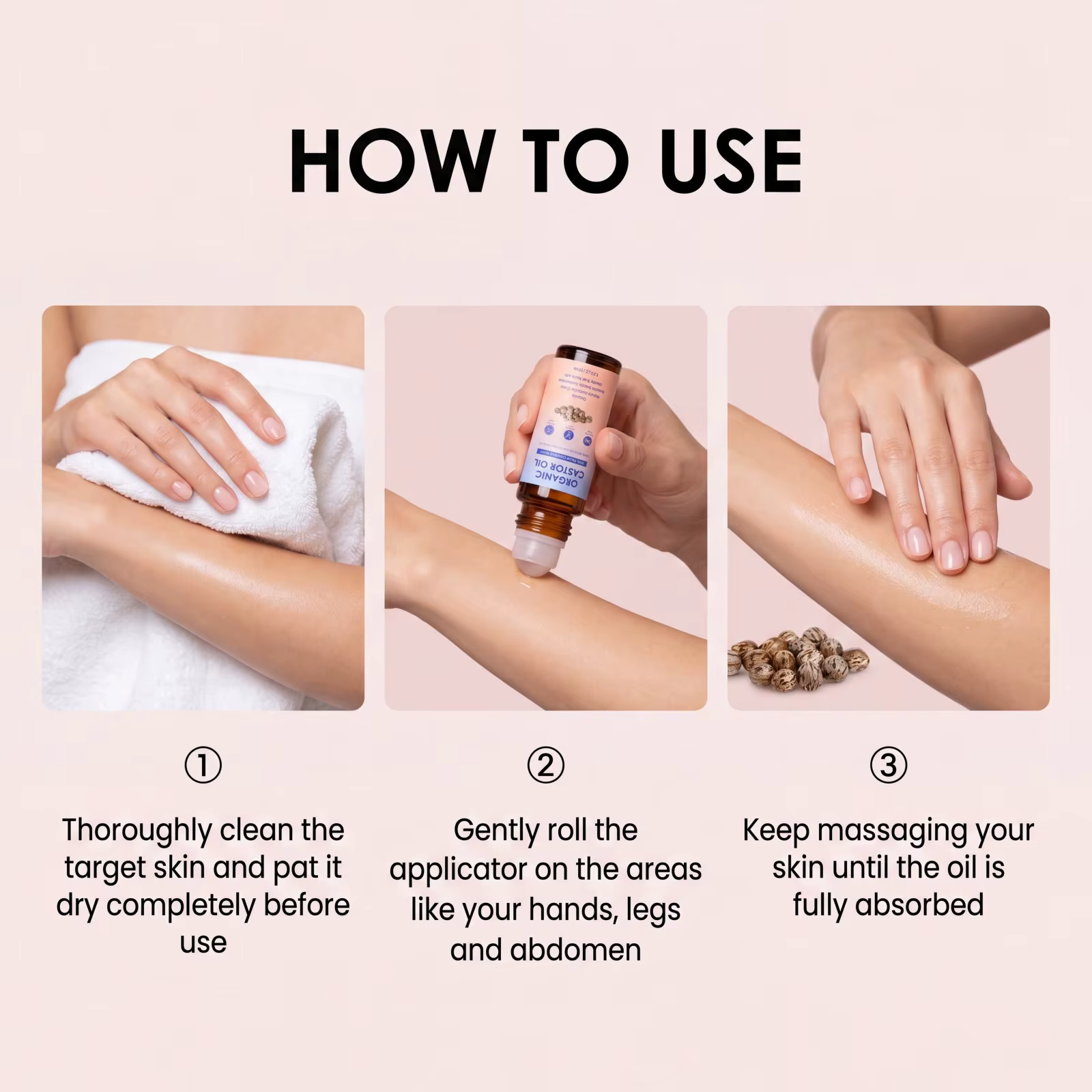 Huile de ricin biologique avec rouleau en quartz rose pour le soin du visage et du corps