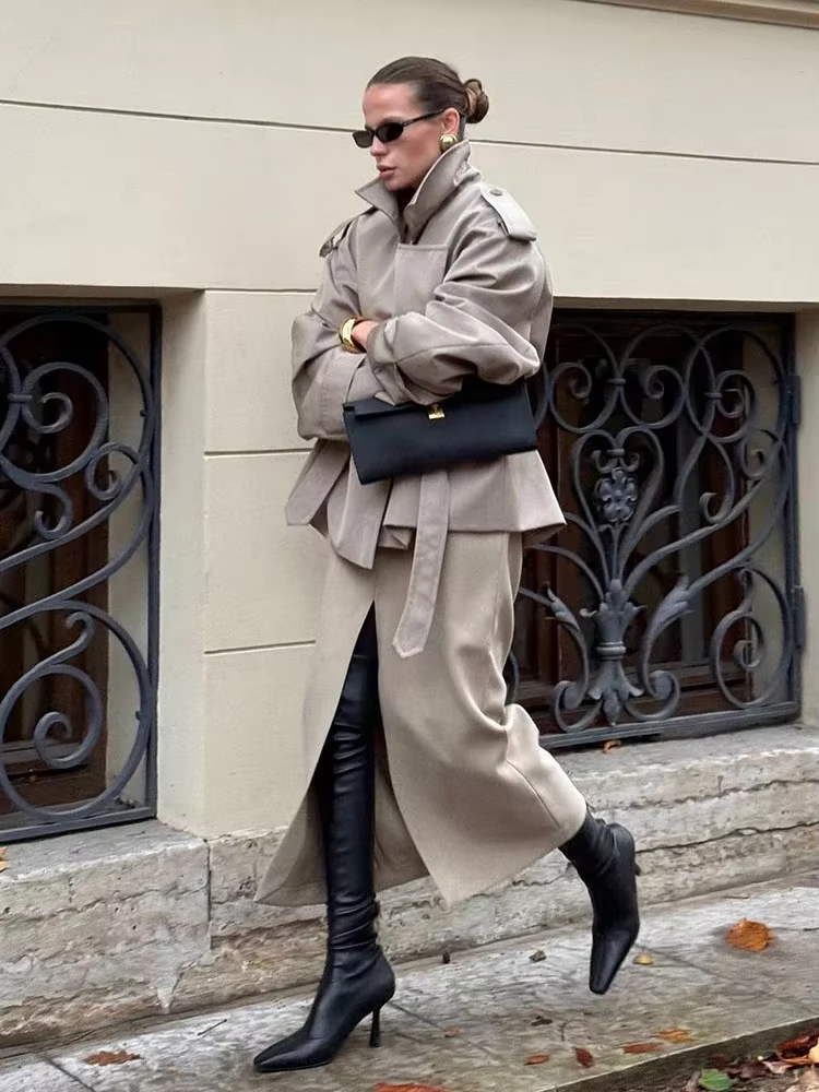 Dame couleur unie à lacets veste élégant Chic à manches longues revers bouton manteau ample automne Style de rue nouvelle veste d'extérieur 2025