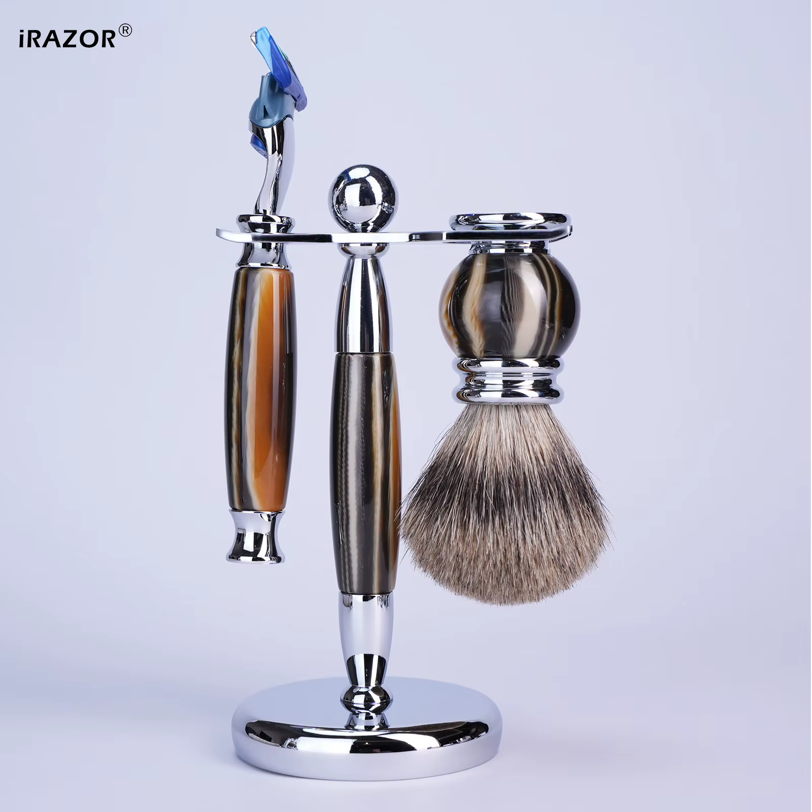 IRAZOR luxe 5 lames F5 Fusion rasoir Kit de rasage pour hommes avec poignée en résine argenté blaireau brosse à cheveux bol outil de toilettage cadeau