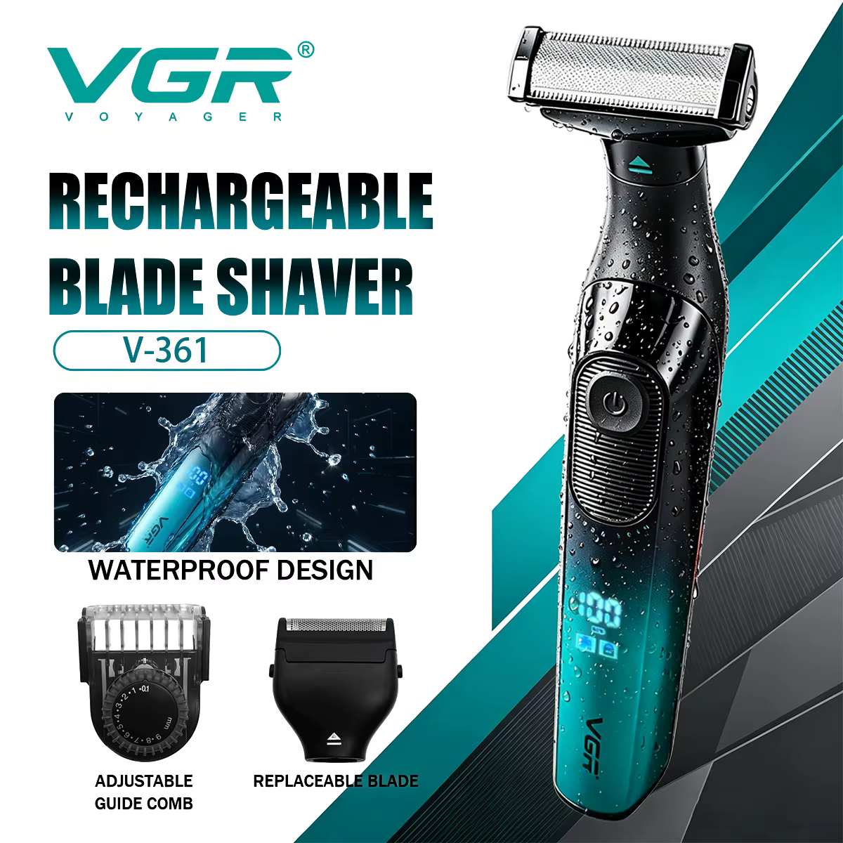 VGR rasoir homme rasoir électrique hommes rasoir electrique homme rasoir Rasoir électrique Portable Tondeuse double face Machine à raser Écran LED Tondeuse à barbe Verrouillage voyage Rasoir pour homm