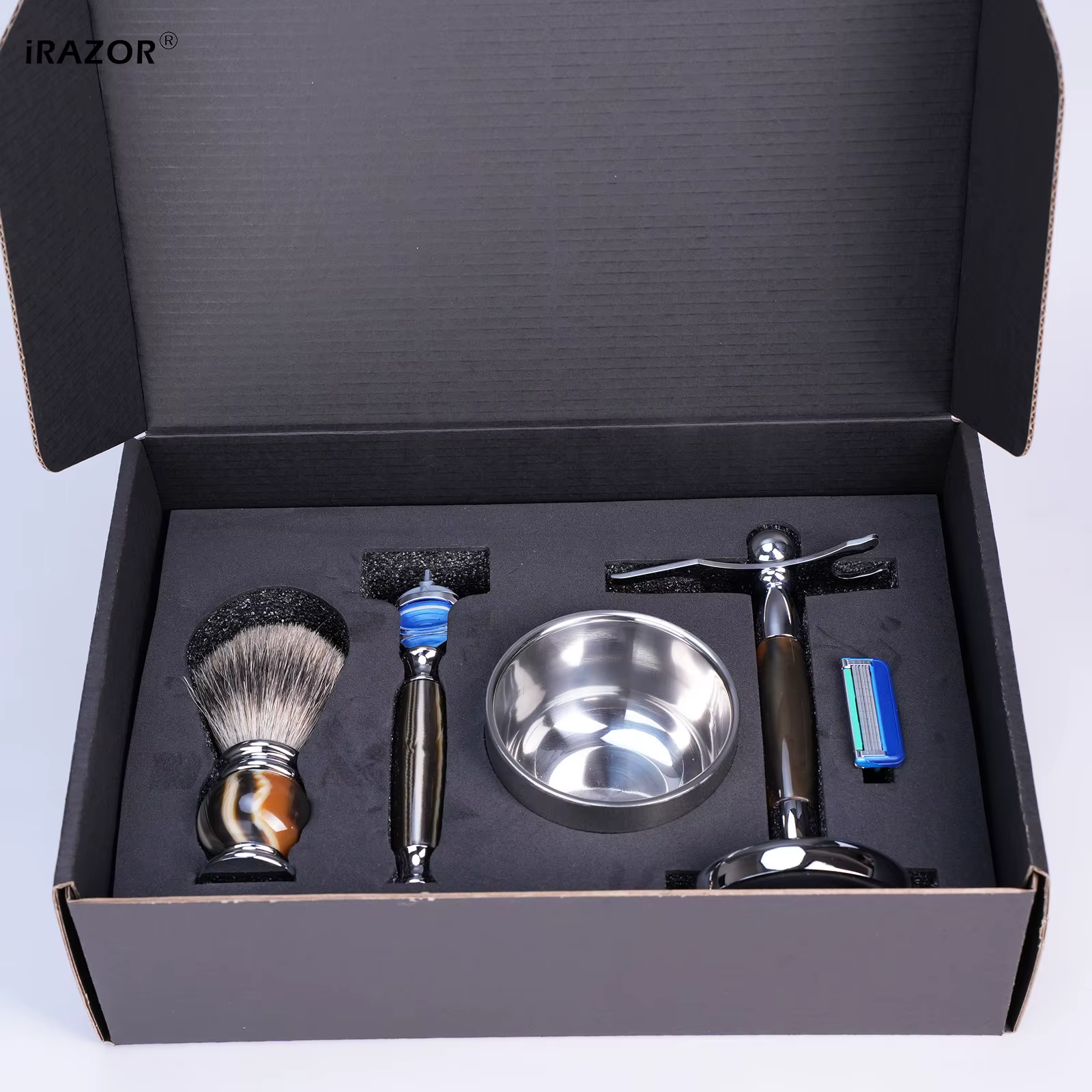 IRAZOR luxe 5 lames F5 Fusion rasoir Kit de rasage pour hommes avec poignée en résine argenté blaireau brosse à cheveux bol outil de toilettage cadeau