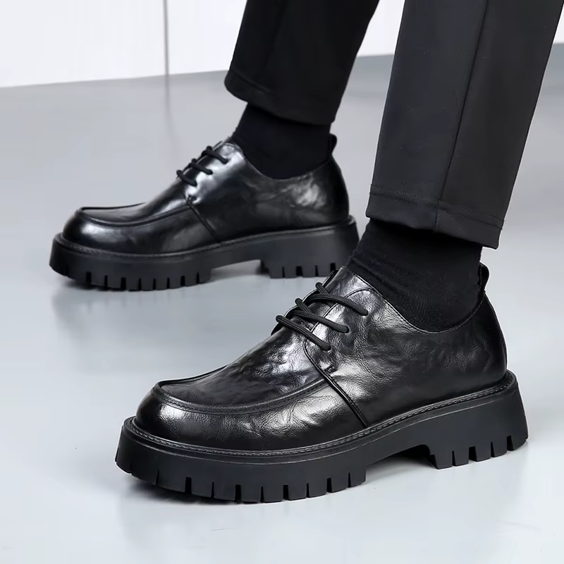 Chaussures de travail en cuir véritable pour hommes, chaussures de travail à fond épais, classiques à lacets, confortables, antidérapantes, à grande tête, Style britannique