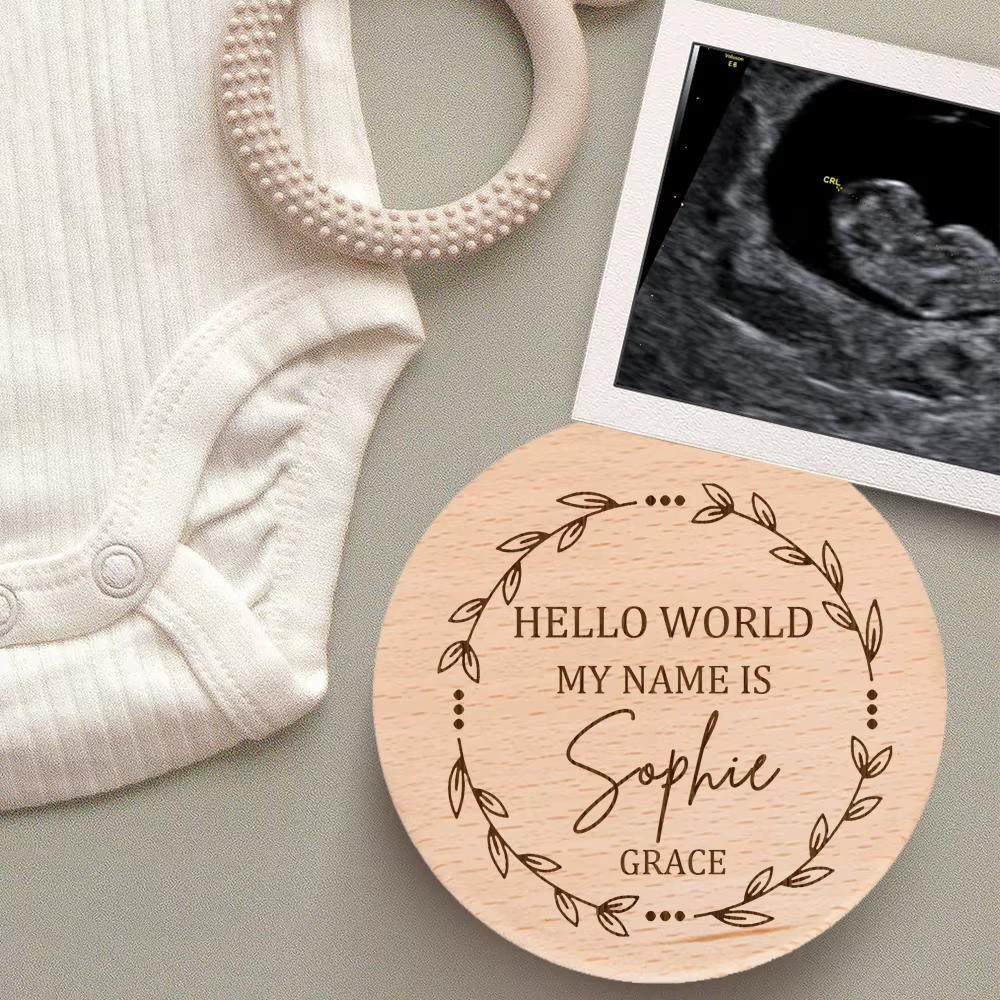 Hellow Word mon nom est signe d'annonce de grossesse Plaque de bébé personnalisée cadeau d'annonce de bébé signe en bois gravé au Laser