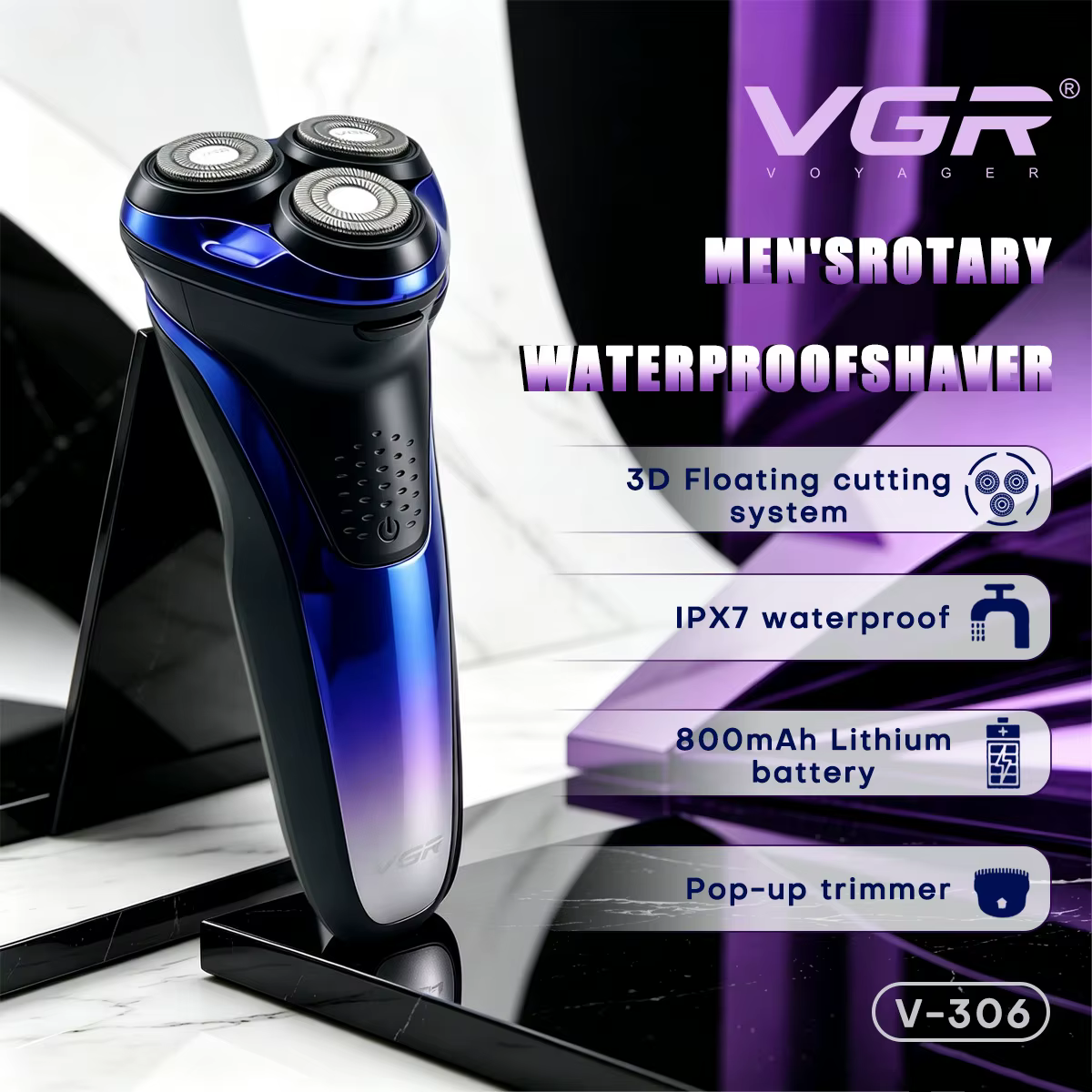 VGR tondeuse tondeuse à barbe pour hommes rasoir electrique homme rasoir homme Rasoir Rasoir électrique Professionnel Machine à raser Flottant Tondeuse à barbe IPX7 Étanche Rechargeable Rasoir pour ho