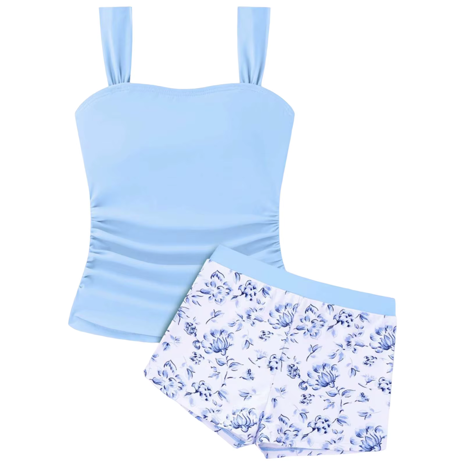 Maillot de bain 2 pièces pour adolescentes 2026 : Haut tankini uni à col carré froncé sur le côté et short – Tenue de plage pour filles