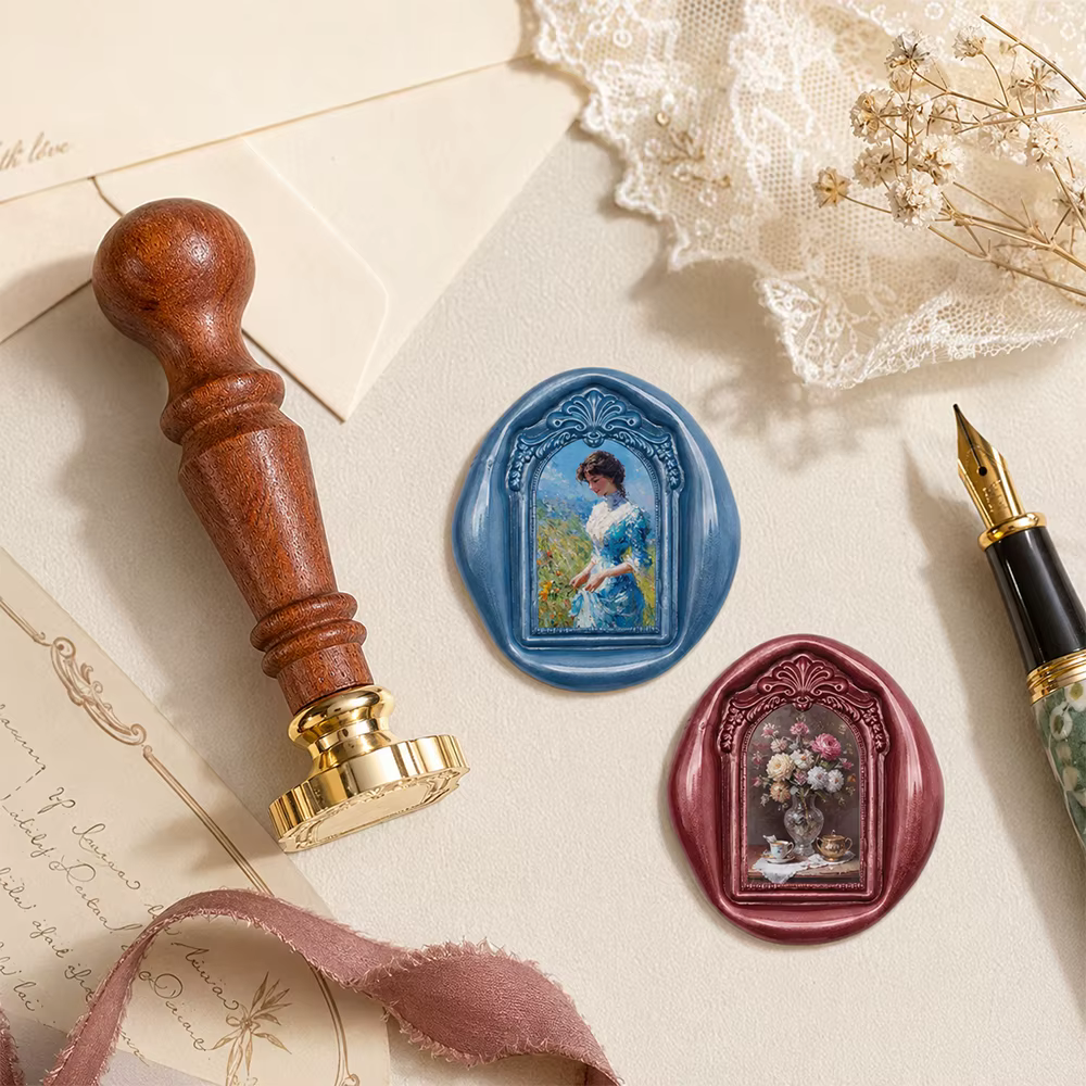 Kit de sceau de cire vintage avec cadre en laiton 3D en relief et manche en bois pour invitations DIY, enveloppes et scellage de colis cadeaux