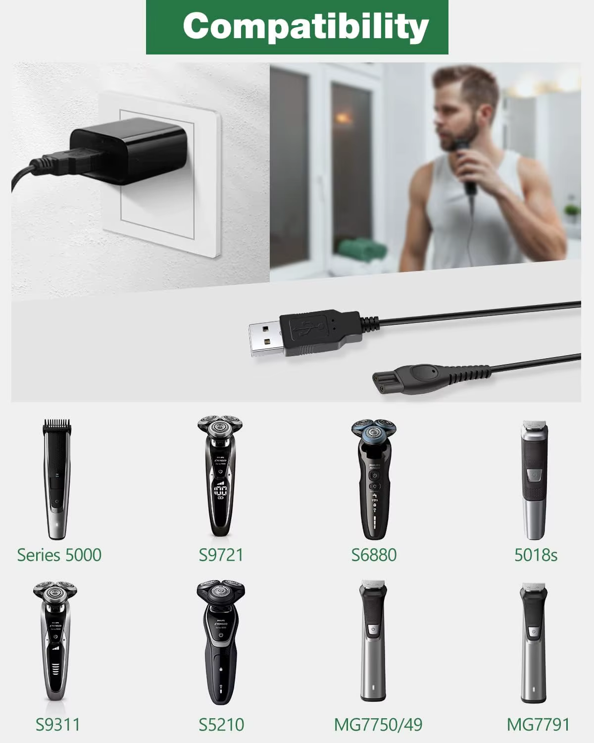 Câble de chargement USB 15V pour rasoir électrique Philips Norelco HQ8505